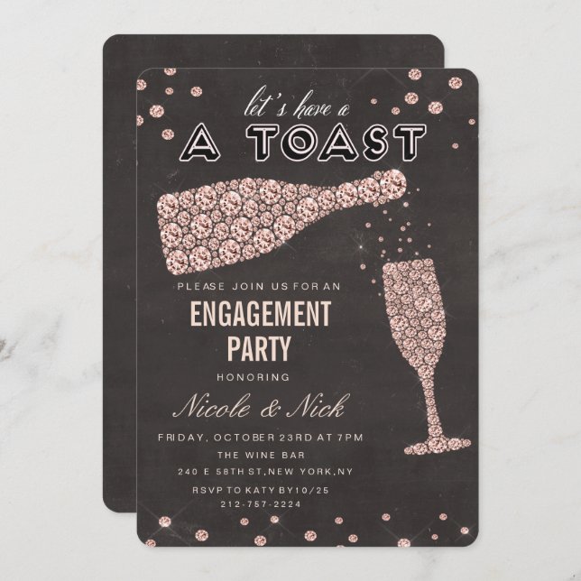 Rose Gold Diamond Wine Glass Engagement Invitation (Front/Back)