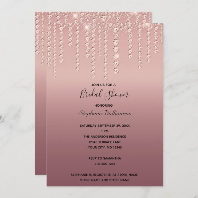 Rose Gold Diamonds Dripping Trendy Bridal Shower Invitation (Front/Back)