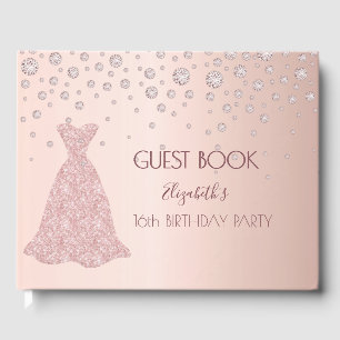 Rose gold diamonds pink Sweet 16 Guest Book