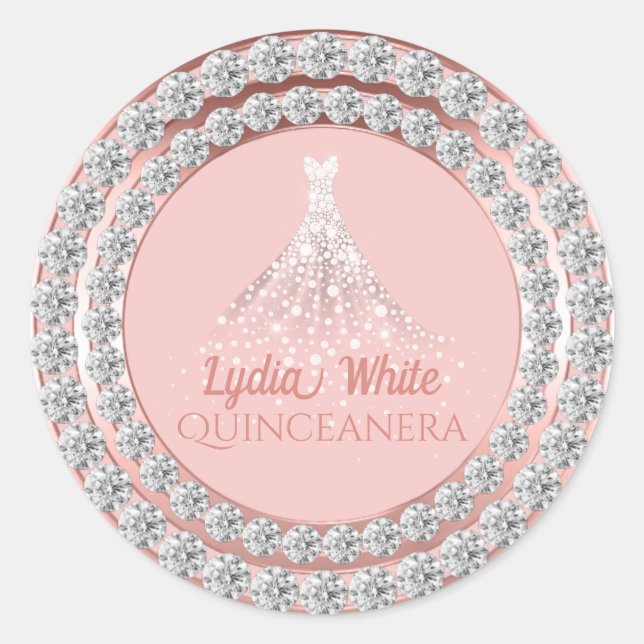 Rose Gold Diamonds Sparkle Dress Quinceanera Classic Round Sticker (Front)