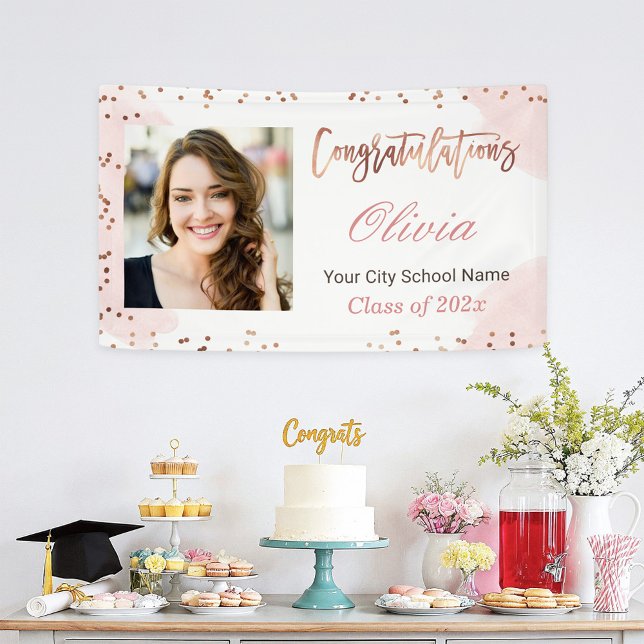 Rose Gold Dots Graduate Photo Graduation Party Banner (Creator Uploaded)