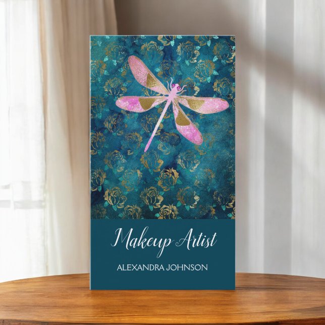 Rose Gold Dragonfly on Turquoise Floral Background Business Card (Creator Uploaded)