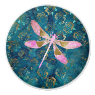 Rose Gold Dragonfly on Turquoise Floral Background Ceramic Knob