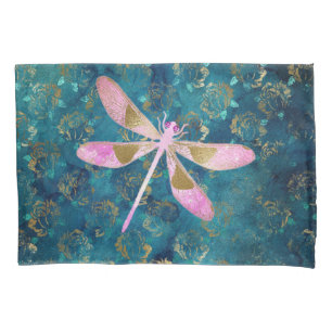 Rose Gold Dragonfly on Turquoise Floral Background Pillowcase