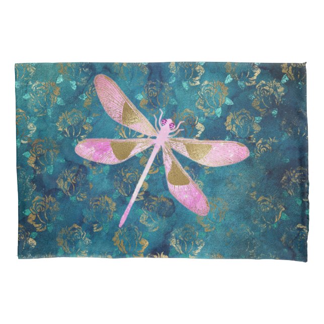 Rose Gold Dragonfly on Turquoise Floral Background Pillowcase (Front)