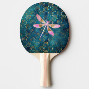 Rose Gold Dragonfly on Turquoise Floral Background Ping Pong Paddle
