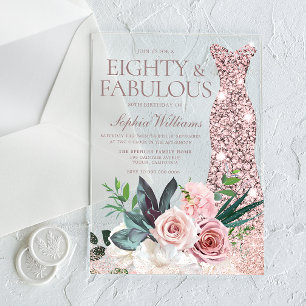 Rose Gold Dress Blush Floral 80th Birthday Party Acrylic Invitations
