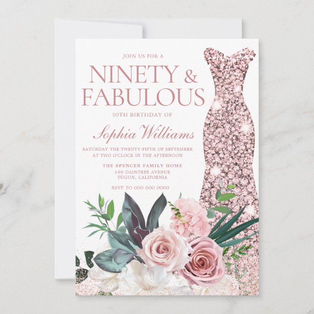 Rose Gold Dress Blush Floral 90th Birthday Party Invitation (Front)