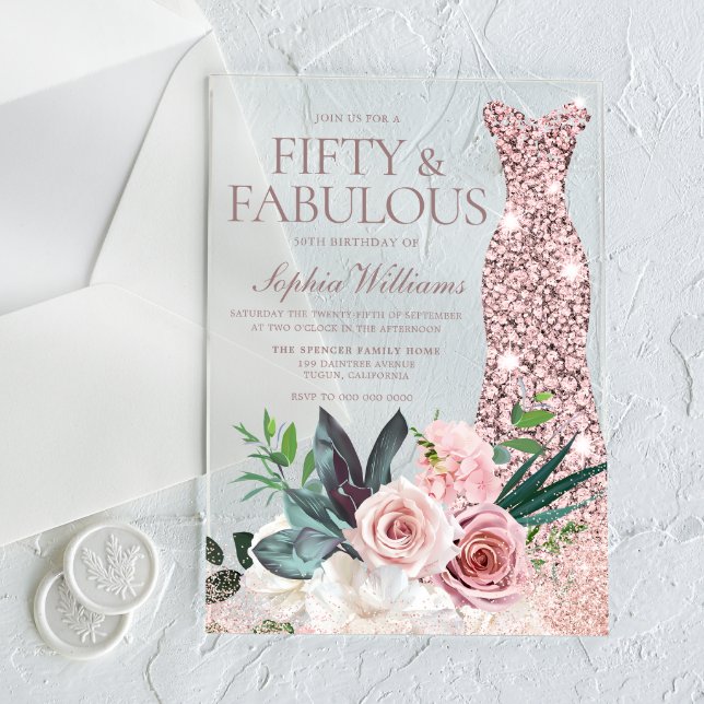 Rose Gold Dress Blush Floral Womans 50th Birthday Acrylic Invitations (Creator Uploaded)