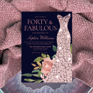Rose Gold Dress Blush Flowers Navy 40th Birthday Invitation