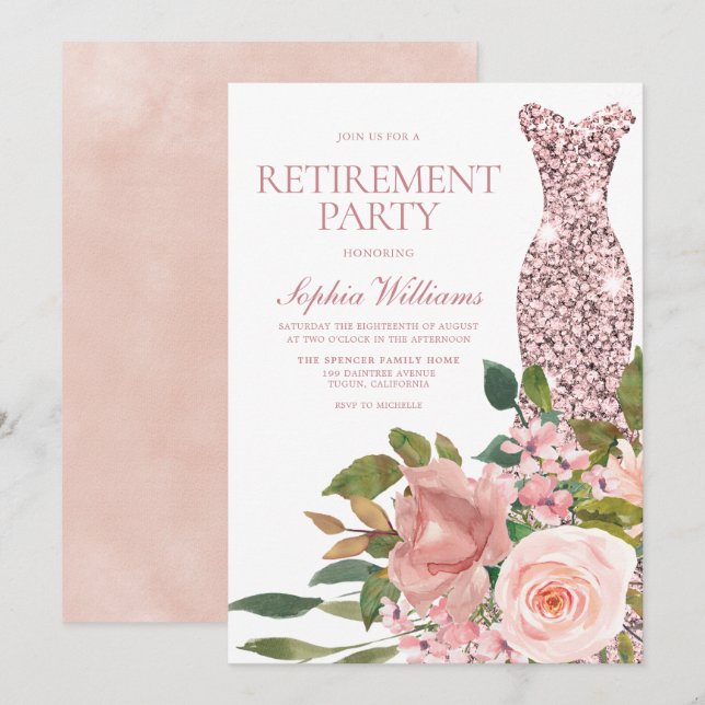 Rose Gold Dress Blush Pink Floral Retirement Party Invitation (Front/Back)