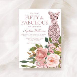 Rose Gold Dress & Blush Pink Flowers 50th Birthday Invitation