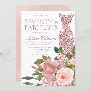 Rose Gold Dress & Blush Pink Flowers 70th Birthday Invitation