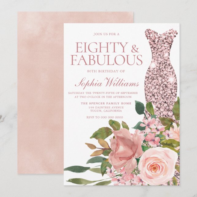 Rose Gold Dress & Blush Pink Flowers 80th Birthday Invitation (Front/Back)