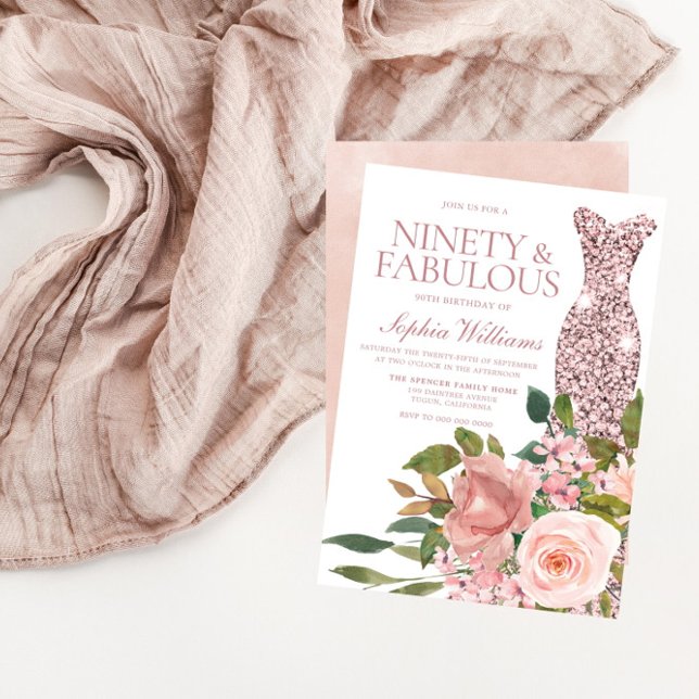 Rose Gold Dress & Blush Pink Flowers 90th Birthday Invitation (Creator Uploaded)