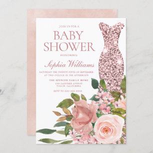 Rose Gold Dress & Blush Pink Flowers Baby Shower Invitation