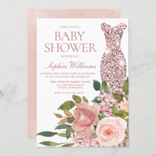 Rose Gold Dress & Blush Pink Flowers Baby Shower Invitation