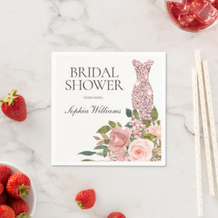 Rose Gold Dress & Blush Pink Flowers Bridal Shower Napkin