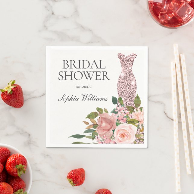 Rose Gold Dress & Blush Pink Flowers Bridal Shower Napkin (Insitu)