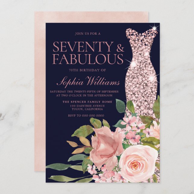 Rose Gold Dress Blush Pink & Navy 70th Birthday Invitation (Front/Back)