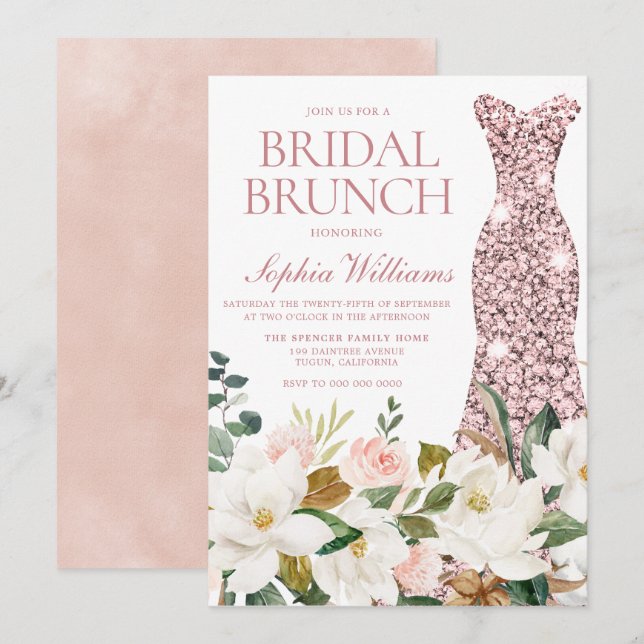 Rose Gold Dress Blush White Bridal Shower Brunch Invitation (Front/Back)