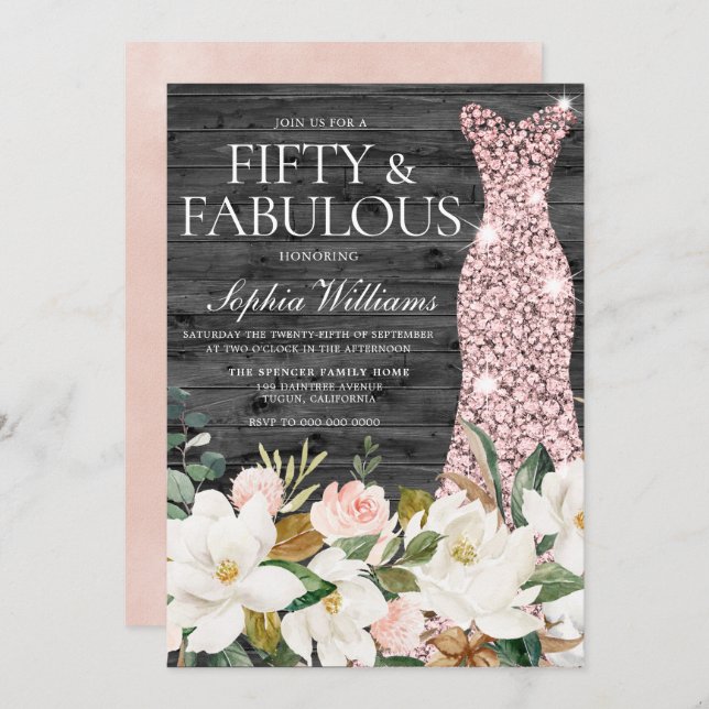 Rose Gold Dress Blush White Country 50th Birthday Invitation (Front/Back)