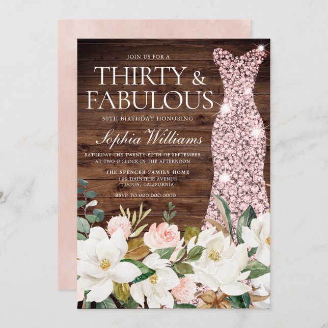 Rose Gold Dress Blush White Rustic 30th Birthday Invitation (Front/Back)