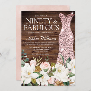 Rose Gold Dress Blush White Rustic 90th Birthday Invitation
