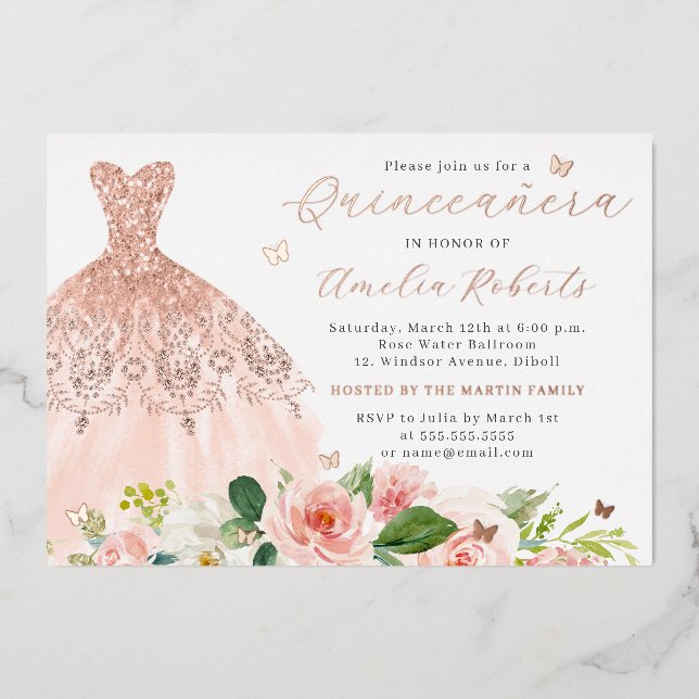 Rose Gold Dress Elegant Blush Floral Butterfly  (Front)