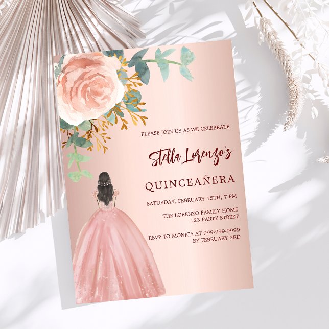 Rose gold dress floral Quinceanera Invitation (Creator Uploaded)