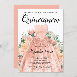 Rose Gold Dress Floral Quinceanera Spanish Invitation