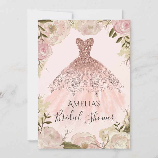 Rose Gold Dress Floral Rose Bridal Shower Invite (Front)