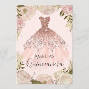Rose Gold Dress Floral Rose Quinceanera Invite