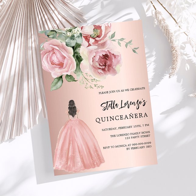 Rose gold dress pink florals Quinceanera luxury Invitation (Creator Uploaded)