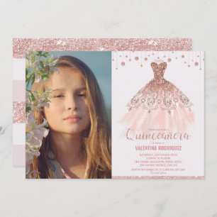 Rose Gold Dress Quinceañera 15th Birthday Photo Invitation