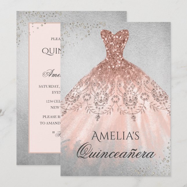Rose Gold Dress Silver Sparkle Quinceanera Invite (Front/Back)