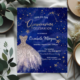 Rose Gold Dress Stars Galaxy Quinceañera Invitation