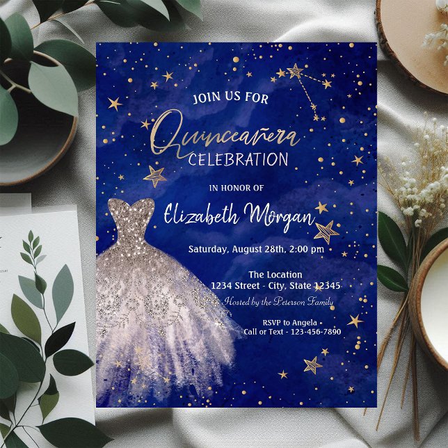 Rose Gold Dress Stars Galaxy Quinceañera Invitation (Creator Uploaded)