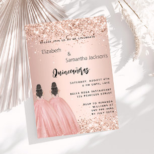 Rose gold dress twin girls Quinceanera Invitation