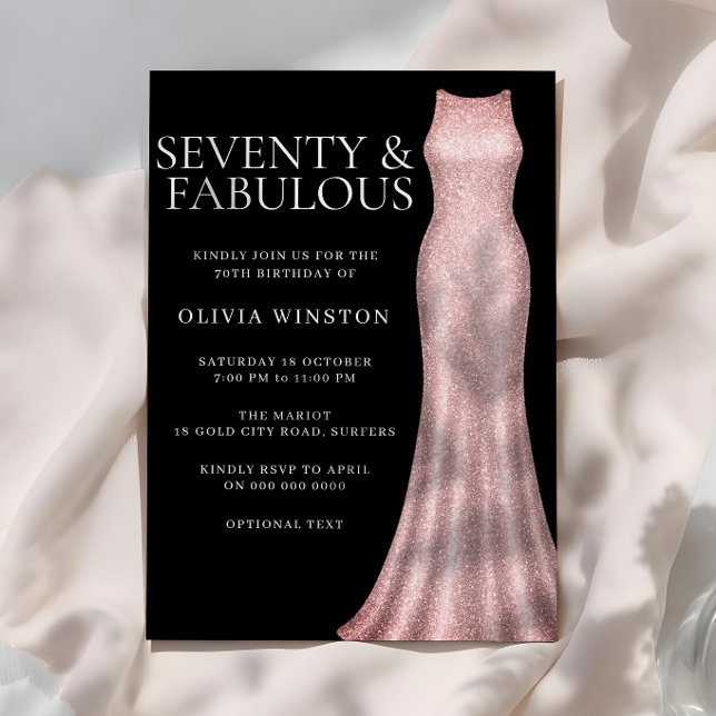 Rose Gold Dress Womans Black 70th Birthday Party Invitation (Creator Uploaded)