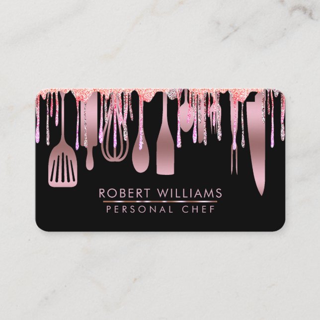Rose Gold Drip Chef Kitchen Tools Glitter Faux Business Card (Front)
