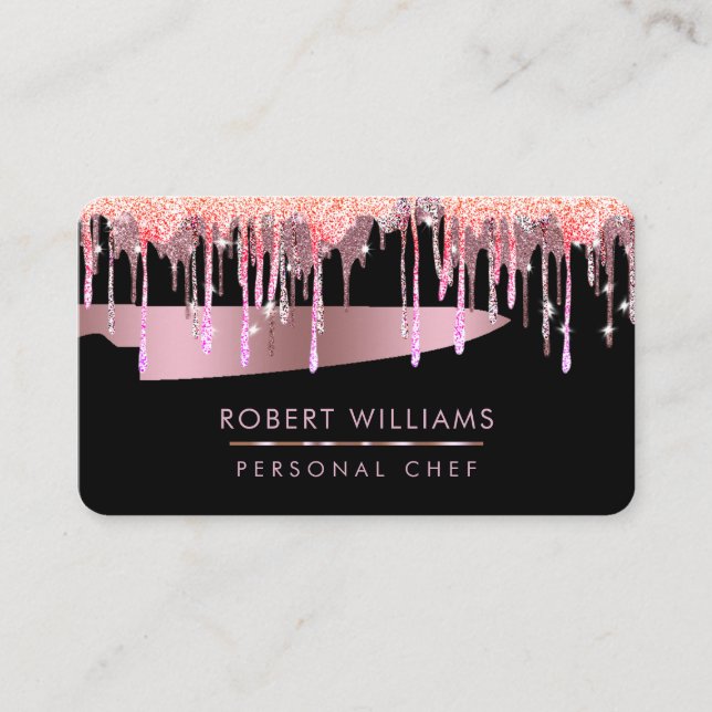 Rose Gold Drip Chef Kitchen Tools Knife Glitter Business Card (Front)