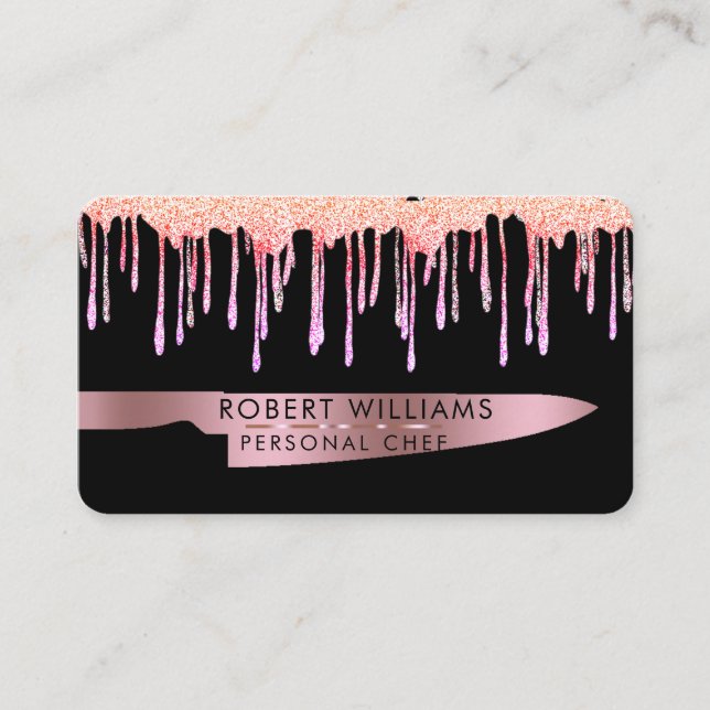 Rose Gold Drip Chef Kitchen Tools Knife Glitter Business Card (Front)