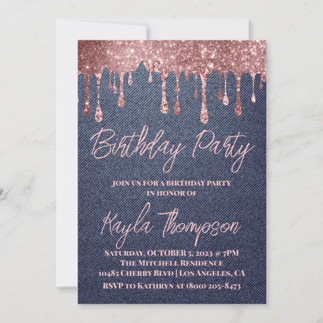 Rose Gold Drip Denim Birthday Party Invitation (Front)