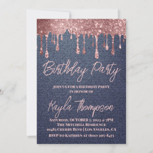 Rose Gold Drip Denim Birthday Party Invitation