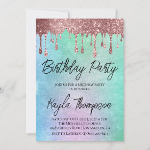 Rose Gold Drip Rainbow Birthday Party Invitation