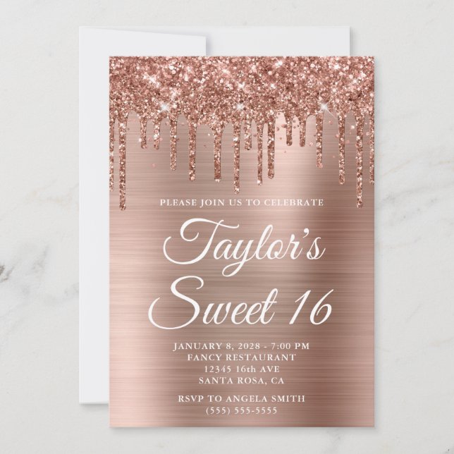 Rose Gold Dripping Glitter and Foil Sweet 16 Invitation (Front)