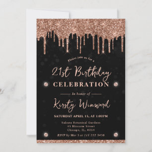 Rose Gold Dripping Glitter Bokeh 21st Birthday Invitation