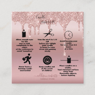 Rose Gold Dripping Glitter Candle Care Square Business Card