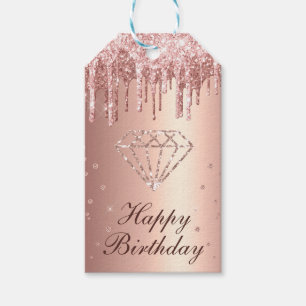 Rose Gold Dripping Glitter & Diamond Birthday Gift Tags